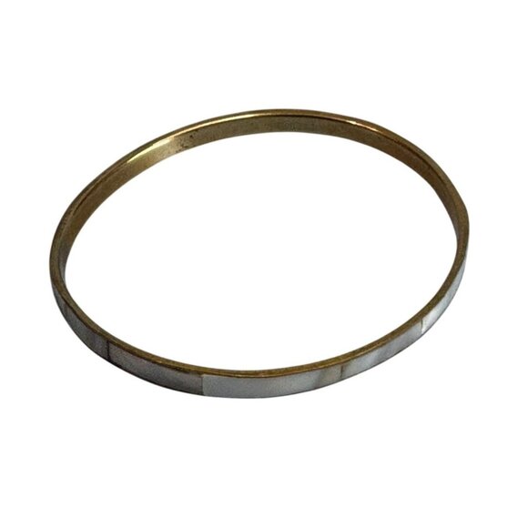 Gold-Tone Thin Bangle Bracelet With Inlaid Abalone Shell Design - Picture 1 of 5